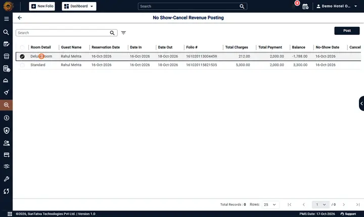 Noshow/Cancel Revenue Posting: nspost selected