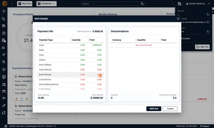 Shift Details, Shift End and Payment Denomination: shift shift details