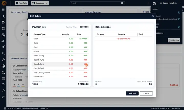 Shift Details, Shift End and Payment Denomination: shift details numbers