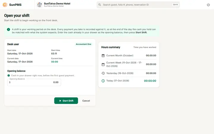 Shift Details, Shift End and Payment Denomination: shift start page