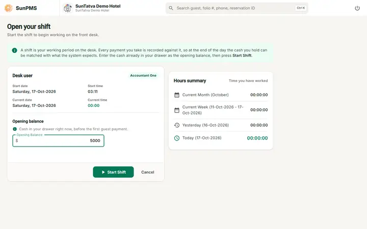 Shift Details, Shift End and Payment Denomination: shift opening balance