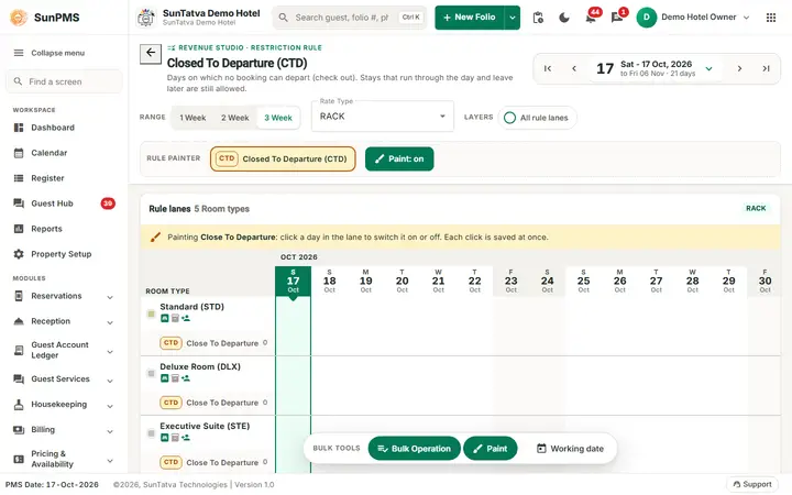 Restriction rule pages: closed To Departure screen with the rule painter and the rule lanes per room type