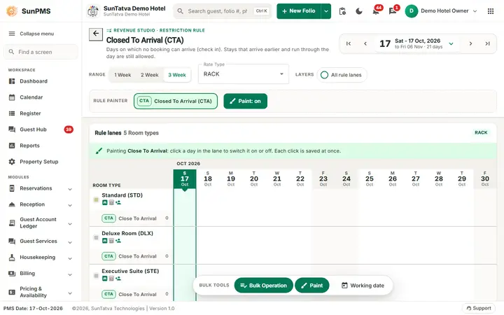 Restriction rule pages: closed To Arrival page with the rule painter and one lane per room type
