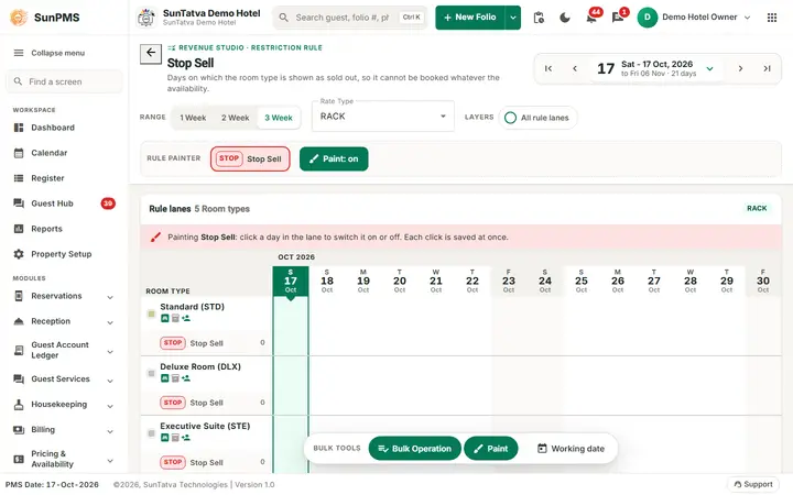 Restriction rule pages: stop Sell page with the rule painter and one lane per room type