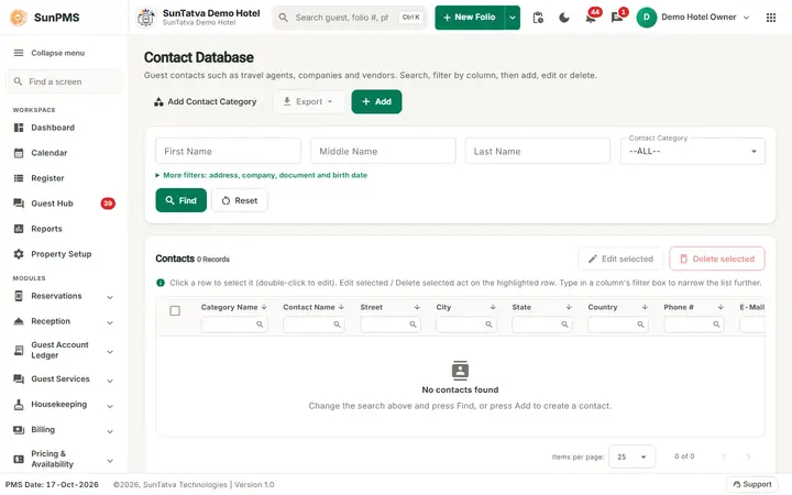 Contact Database with the search fields, the Add Contact Category and Add buttons and the contact grid
