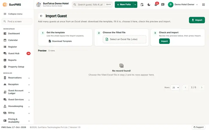 Import Guest: import screen
