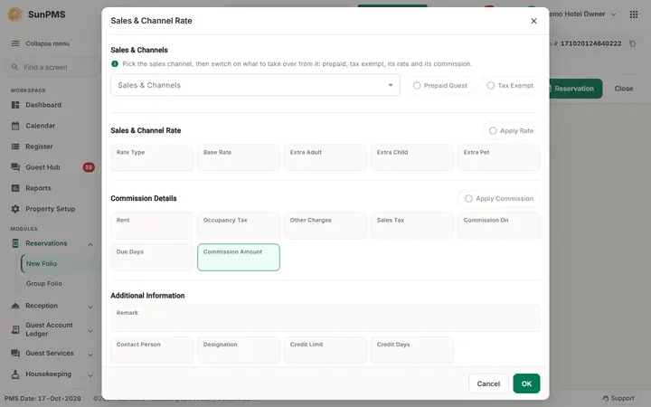 Sales & Channels overview: book dialog