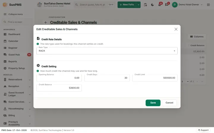 Creditable Sales & Channels (setup): edit Creditable Sales and Channels window with the rate type, opening balance, credit days and credit limit