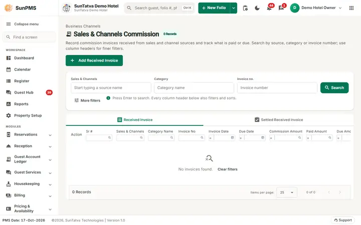 Sales & Channels Commission screen with the search fields and the Received Invoice and Settled Received Invoice tabs