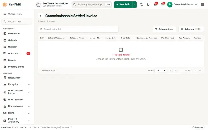 Commissionable Settled Invoice list with its table headings and empty state