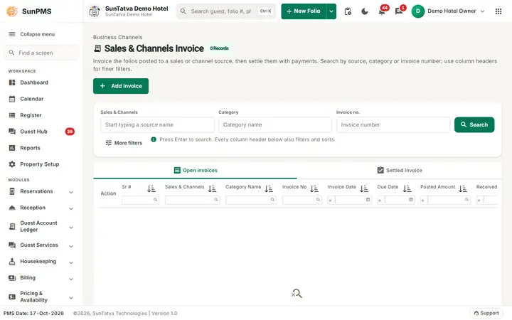 Sales & Channels Invoice screen with the search fields and the Open invoices and Settled Invoice tabs