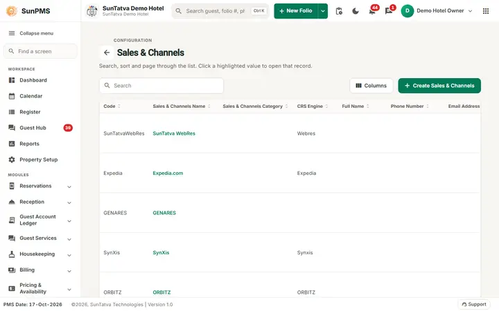 Sales & Channels (partner master): sales & Channels list with code, name, category and CRS engine columns and the Create Sales & Channels button