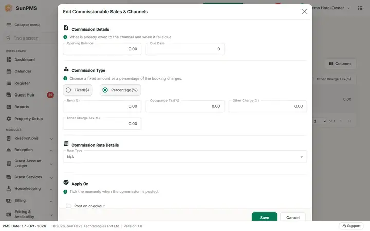 Commissionable Sales & Channels (setup): terms commission dialog