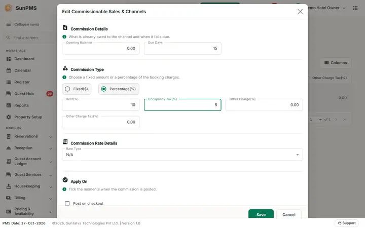 Commissionable Sales & Channels (setup): terms commission filled