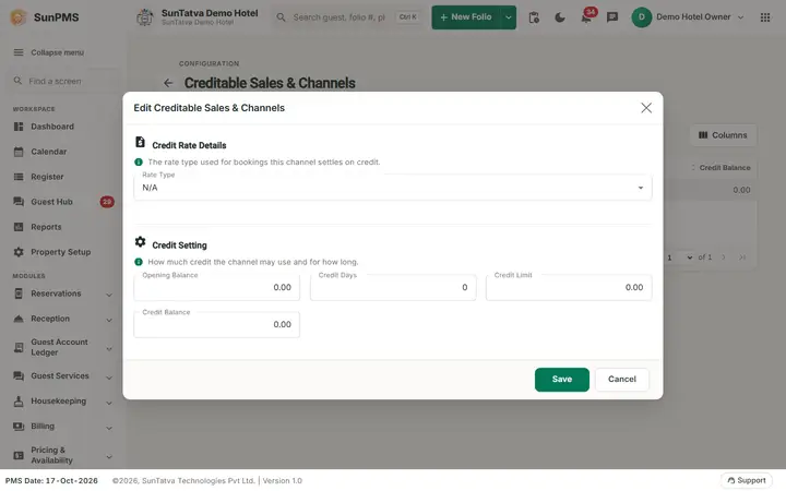 Commissionable Sales & Channels (setup): terms credit dialog