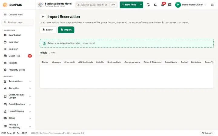 Import Reservation: impres screen