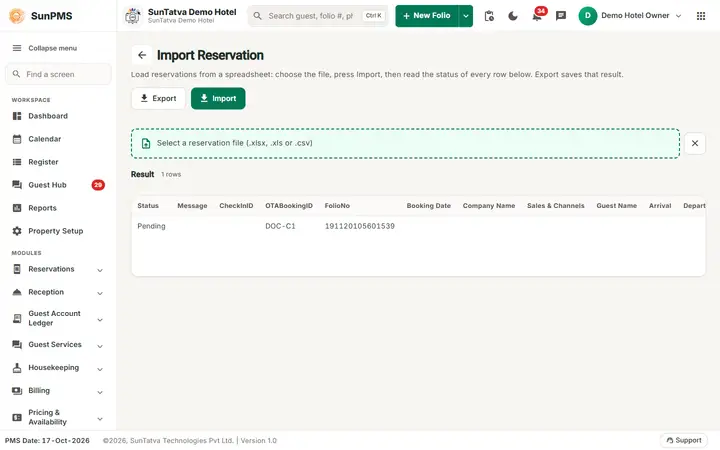 Import Reservation: impres preview