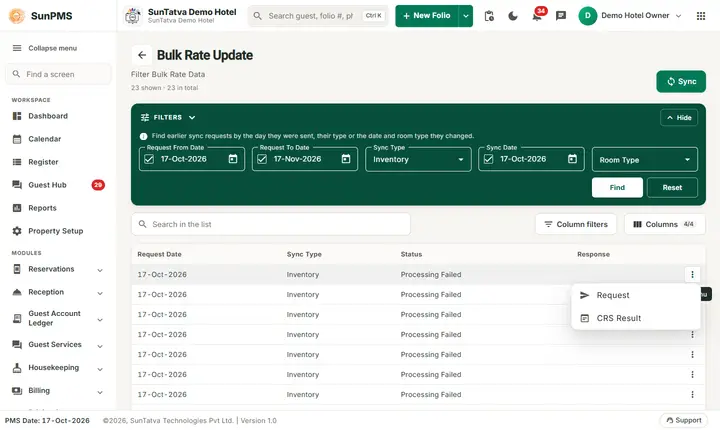 Bulk Inventory / Restrictions / Rate Update: row menu with Request and CRS Result on the Bulk Rate Update grid