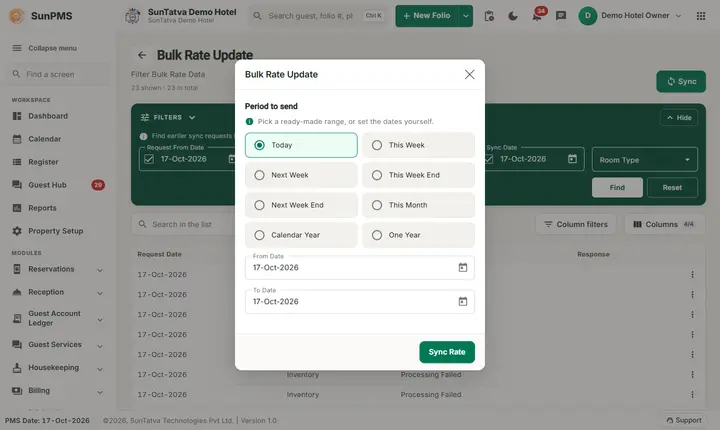 Bulk Inventory / Restrictions / Rate Update: bulk Rate Update dialog with the Period to send quick ranges and the From Date and To Date fields