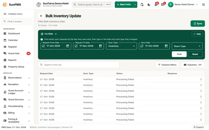 Bulk Inventory / Restrictions / Rate Update: bulk Inventory Update screen with the filters and the list of sync requests