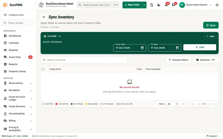 Sync Inventory screen with the date filters and the Sync button