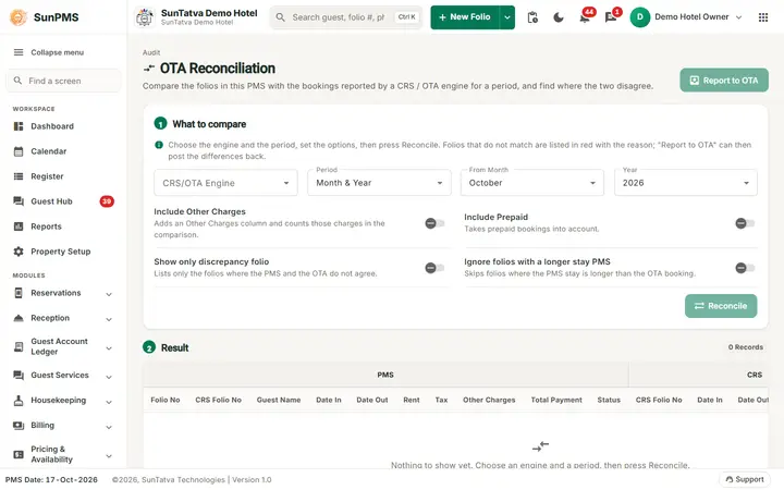 OTA Reconciliation with the engine, period and option switches and the empty result table