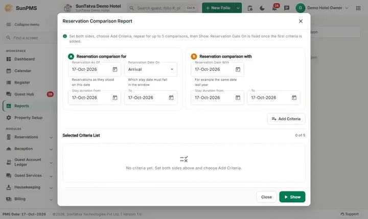 Booking Comparison Report: criteria window with one comparison filled in
