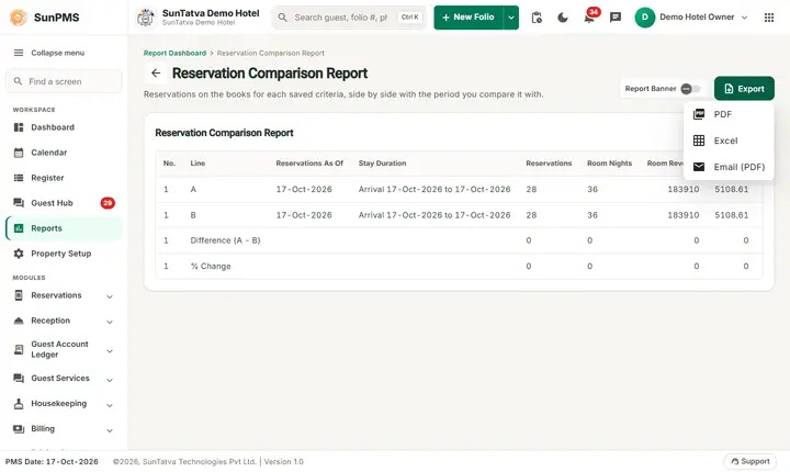 Booking Comparison Report: export menu