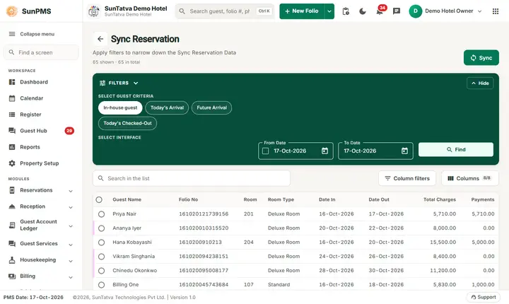 Sync Reservation after Find, listing the folios that will be sent