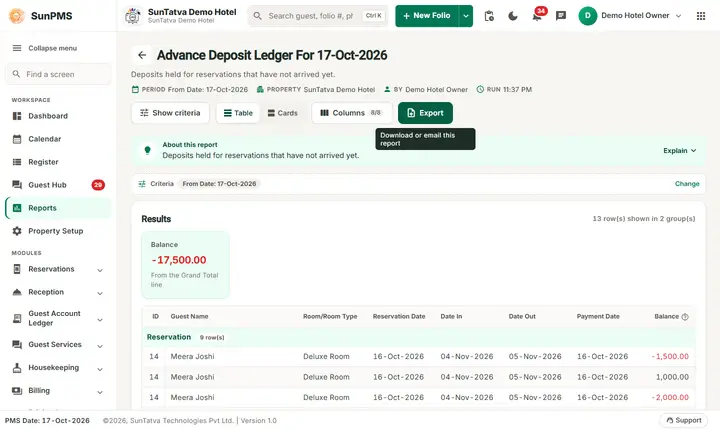 Advance Deposit Ledger For Oct 2026