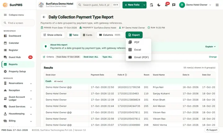Daily collection payment type export