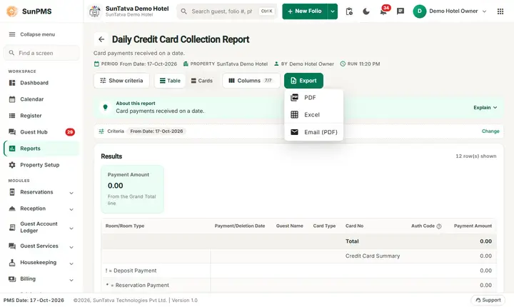 Daily credit card collection export