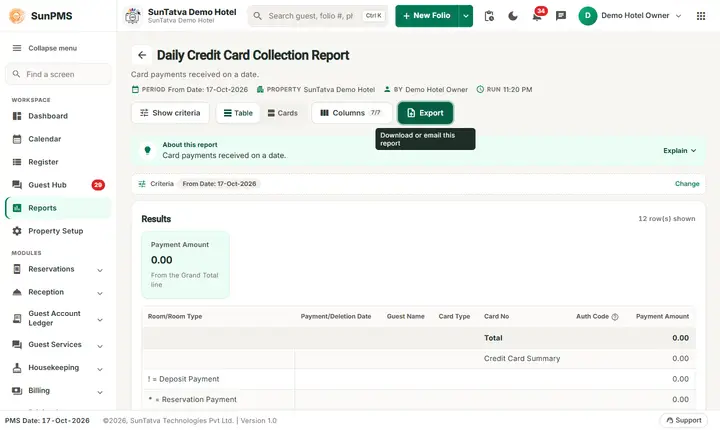 Daily credit card collection filters