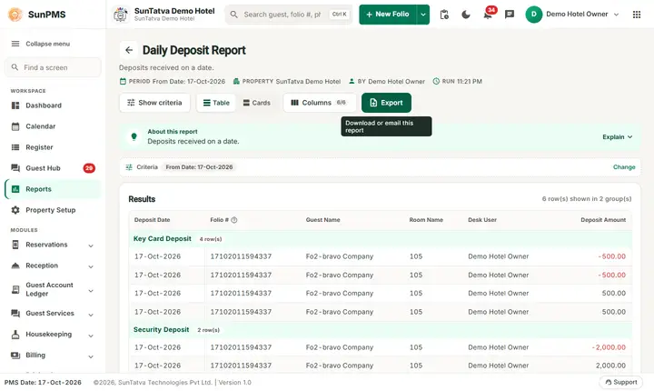Daily Deposit Report result