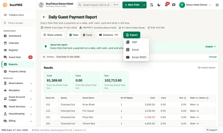 Export menu of Daily Guest Payment