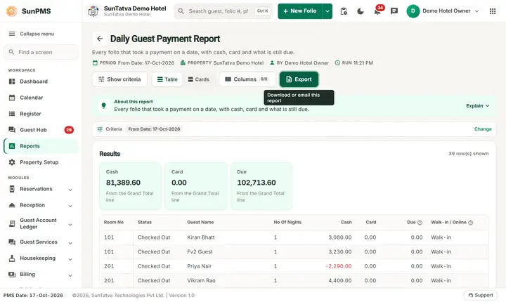 Filter panel of Daily Guest Payment