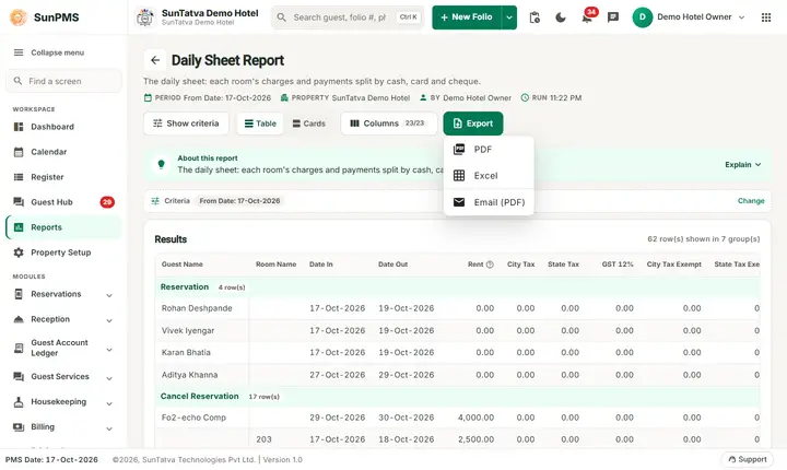 Daily Sheet Report: daily sheet export