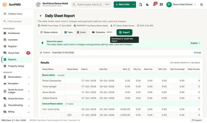 Daily Sheet Report: daily sheet payments