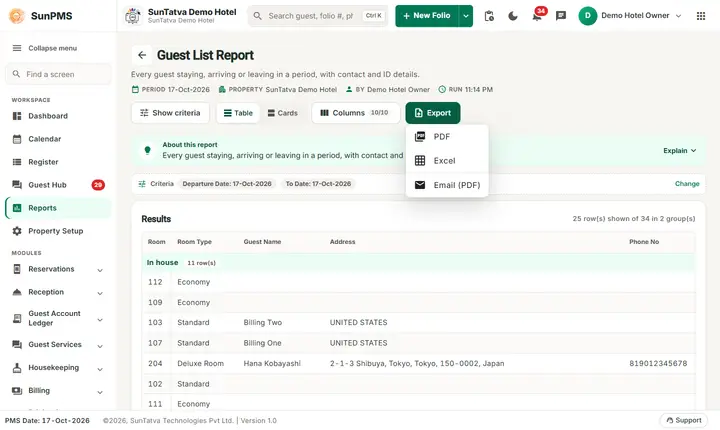 Guest Reports: guest export menu