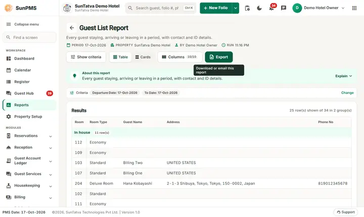 Guest Reports: guest list filter