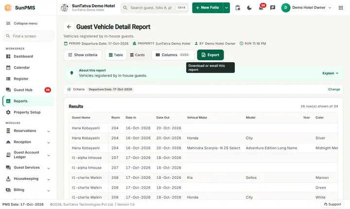 Guest Vehicle Detail Report on the demo hotel (no vehicle in the house on Oct 2026)