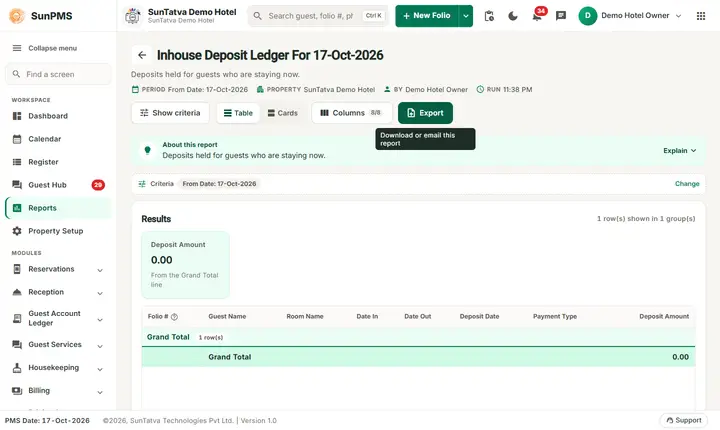 Inhouse Deposit Ledger For Oct 2026 (no deposit held)
