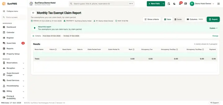 All columns of the Monthly Tax Exempt Claim Report (wide screen)