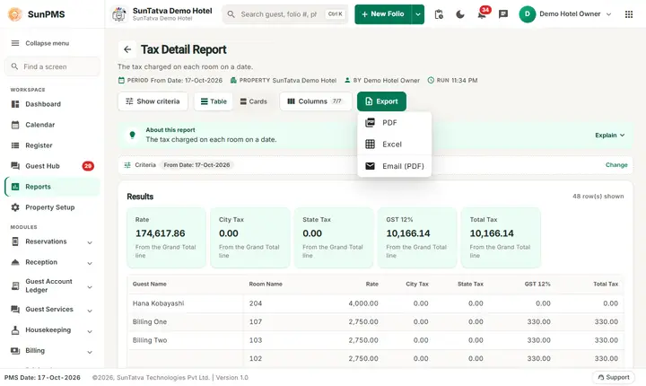 Tax Detail Report: tax detail export
