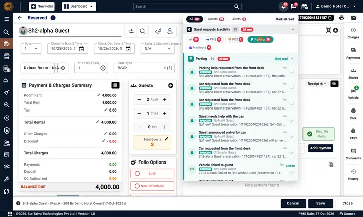 SunParking: Parking Notifications, Vehicle Linking and Walk-in Guests: the notification bell filtered to Parking: vehicle claimed by a guest, vehicle linked and parking charge