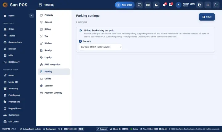 SunParking: Guest Parking and Valet: sunPOS Parking settings with the linked SunParking car park