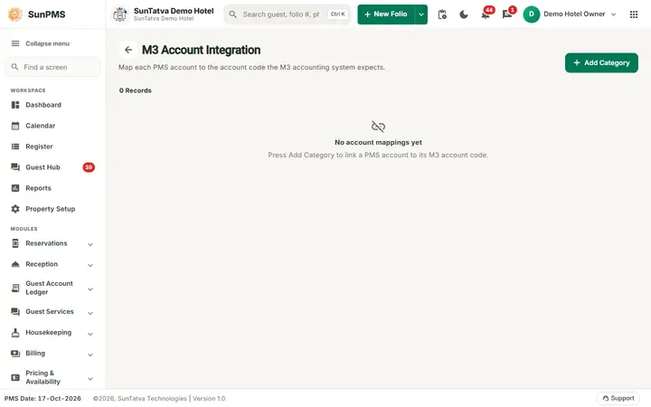 M3 Account Integration with the Add Category button and the empty mapping list
