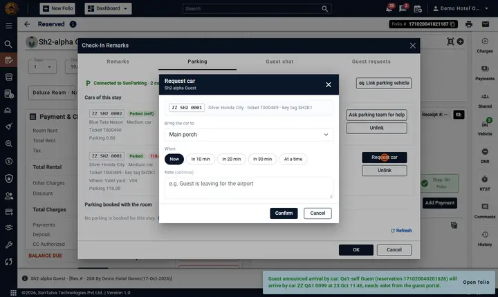 SunParking: Parking Notifications, Vehicle Linking and Walk-in Guests: rc request dialog