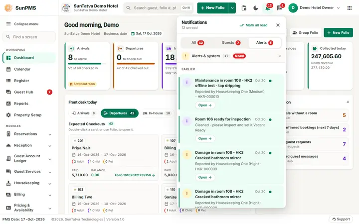 SunPMS screen: Team chat and notifications