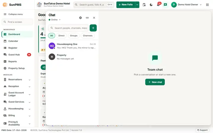 Communication: notifications, team chat and cross-app chat: header with the bell and the chat button